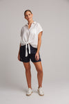 women classic white shirt with tie front collar and button up