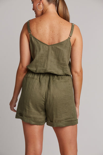 back view women's khaki green linen shorts mid thigh length from eb&ive