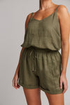 women's shorts green linen mid thigh tie front