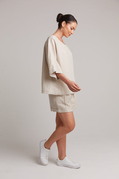 side view womens beige natural linen shorts from eb&ive