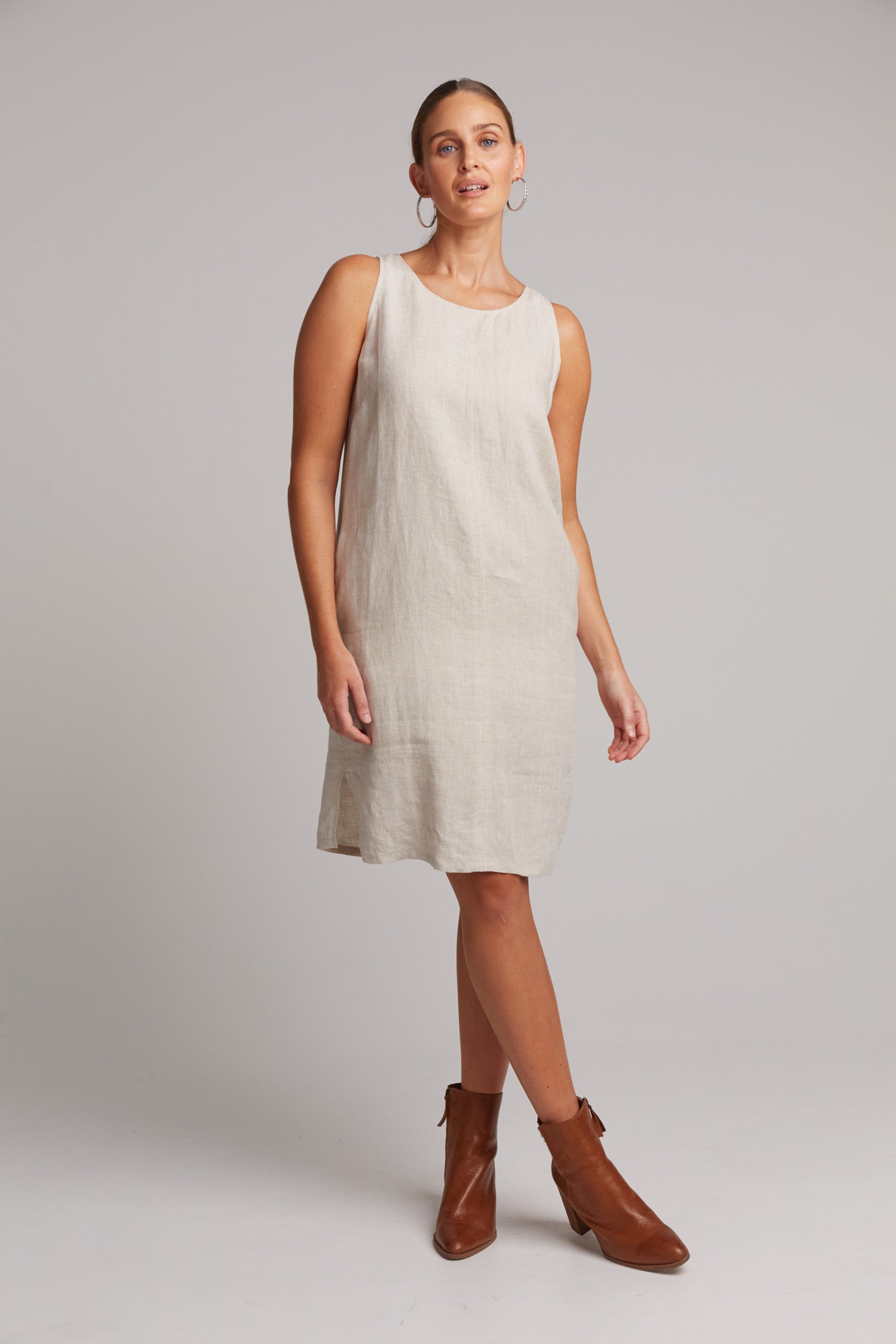 ladies women a line knee length sleeveless linen dress in tusk off white