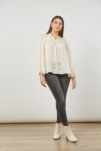 ladies off white relaxed fit long sleeve v-neck blouse wtih tassels - romance blouse top by isle of mine