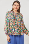 floral romance blouse top by isle of mine balloon sleeves and rouched detail in green blue orange cream and pale pink also has fun tassels
