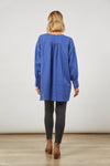 Panorama Shirt Blouse in Blue Azure (no collar / collarless) button up long sleeves with 3 button cuff very low hem at back - mid thigh length