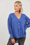 ladies High Low Hem Shirt in Blue with V-neck and button through - Panorama Blouse in Azure by Isle of Mine
