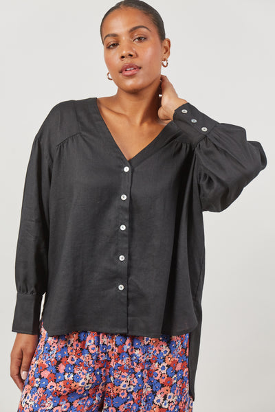 Panorama Shirt Blouse (no collar / collarless) button up long sleeves with button cuff black Onyx