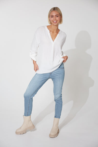 ladies women white blouse top long sleeves, v neck relaxed fit snow white
