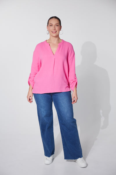 front view of sky blouse top from haven in musk pink
