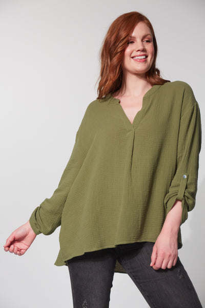 haven sky top in fern green long sleeve relaxed fit