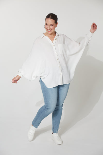 classic long sleeve textured cotton shirt with bat wings snow white