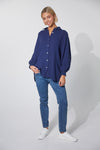 midnight blue ladies shirt with long sleeves and bat wigns