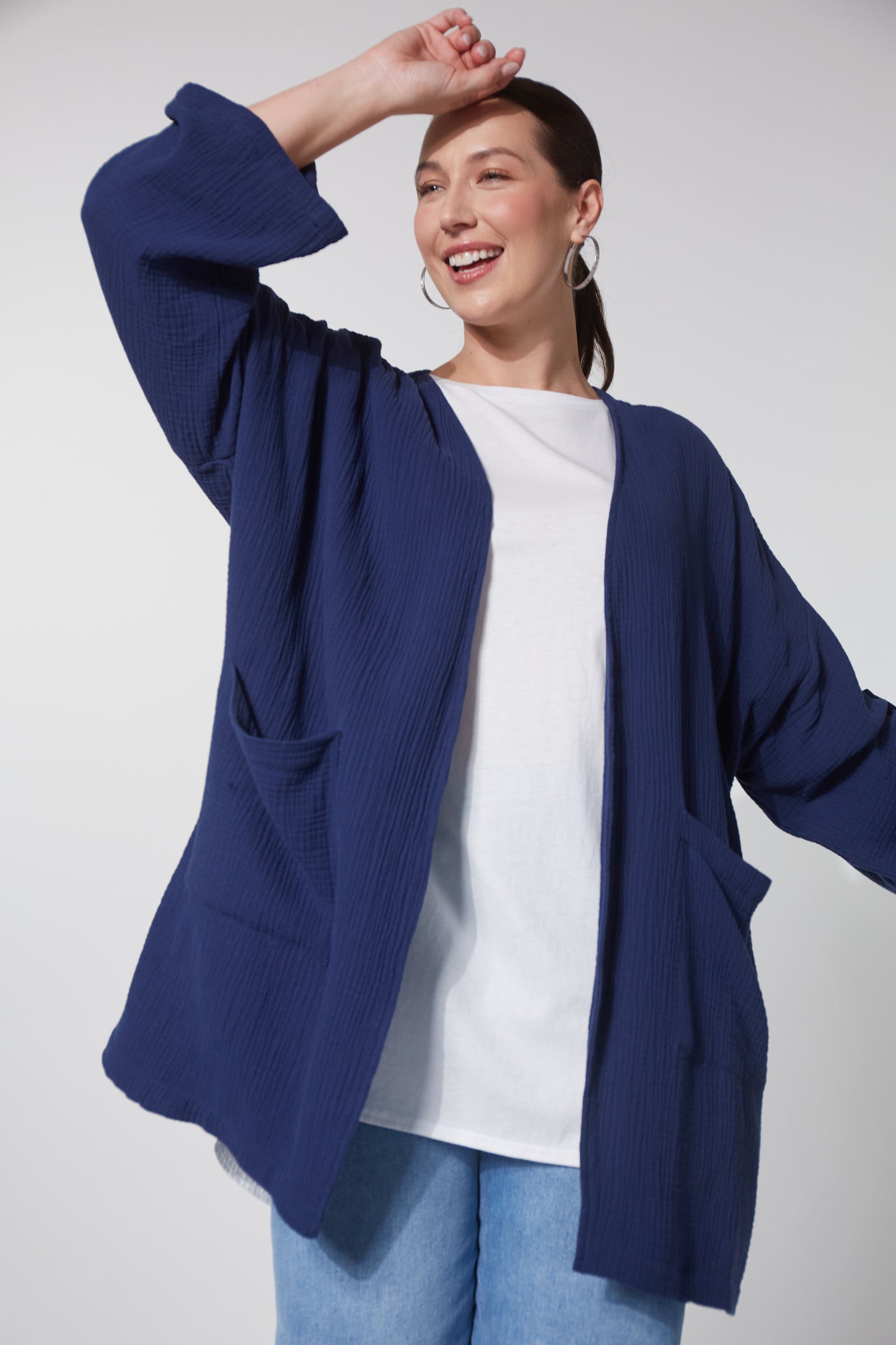 long line oversized blue cotton open style jacket skye