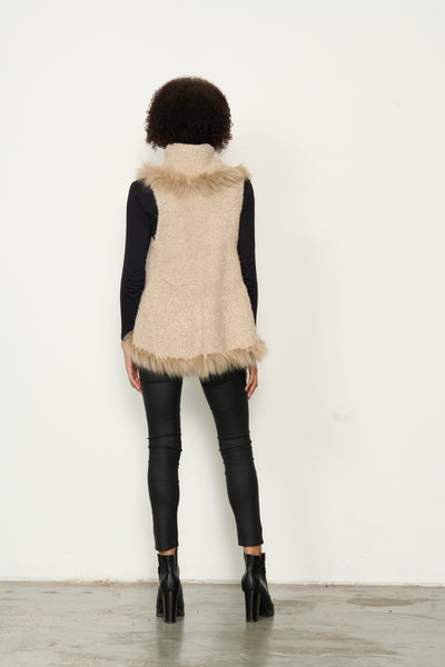almond knit vest with faux fur trim on edges,