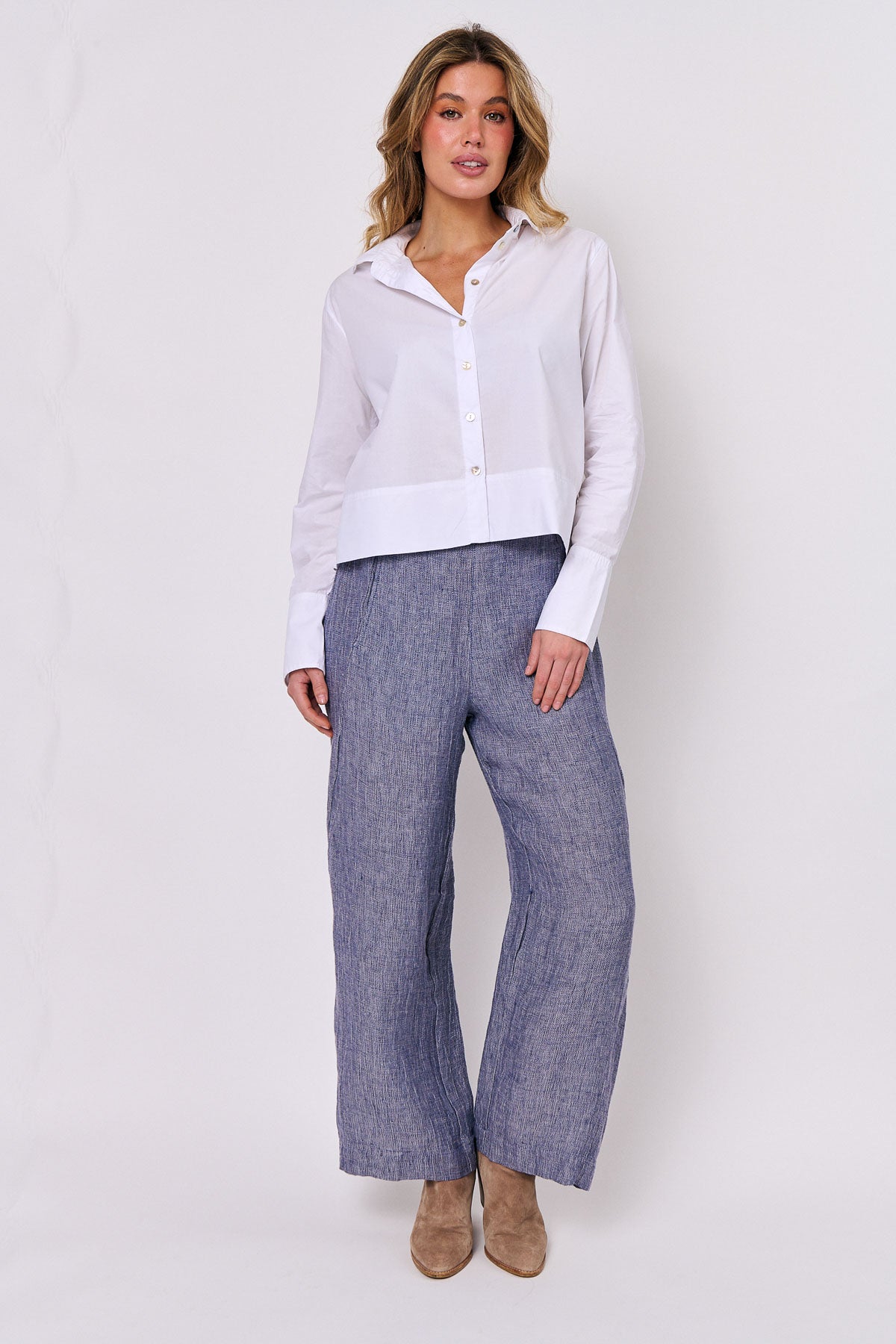 Women's shorter straight hem white cotton shirt by Naturals by O&J.