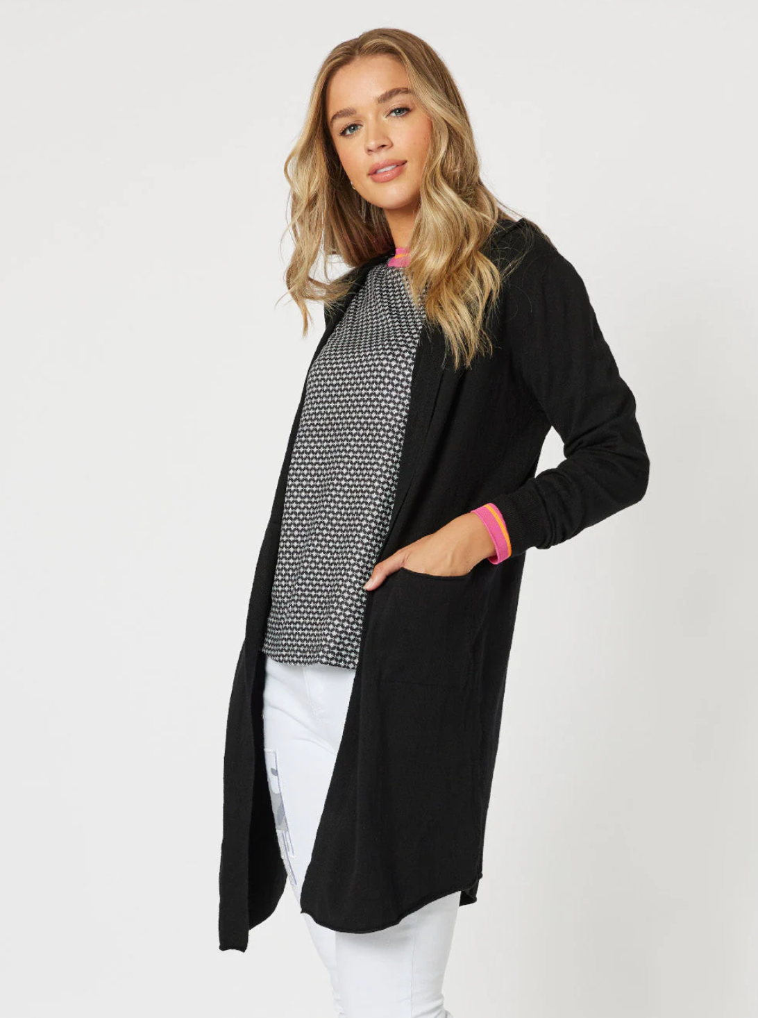 Model wearing the black ladies womens Ella mid thigh length knit cardigan