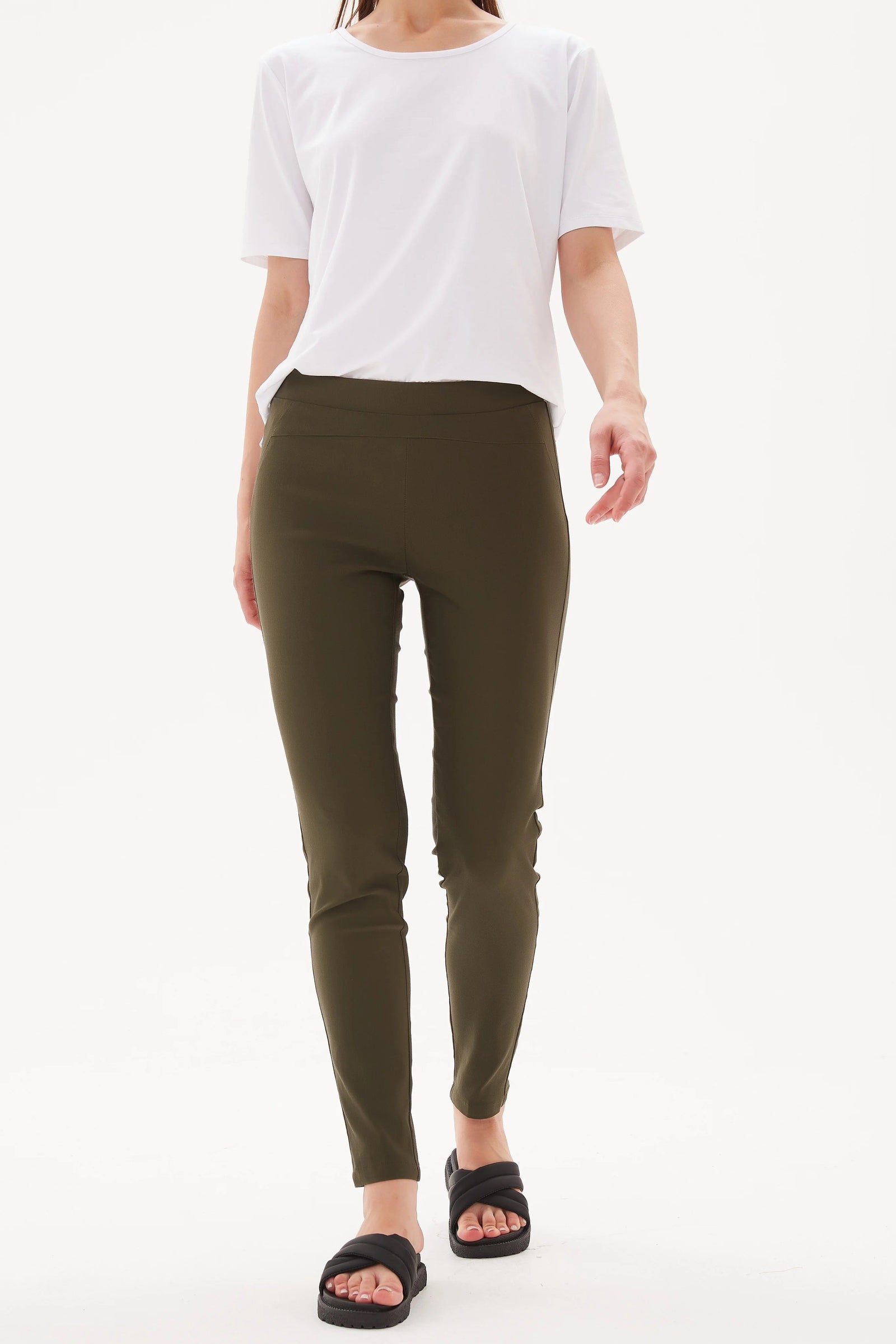 women's khaki green straight leg pants by Tirelli.