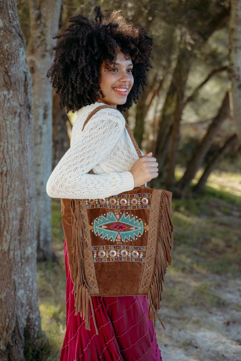 Velvet Suede Embroidered Bucket Bag