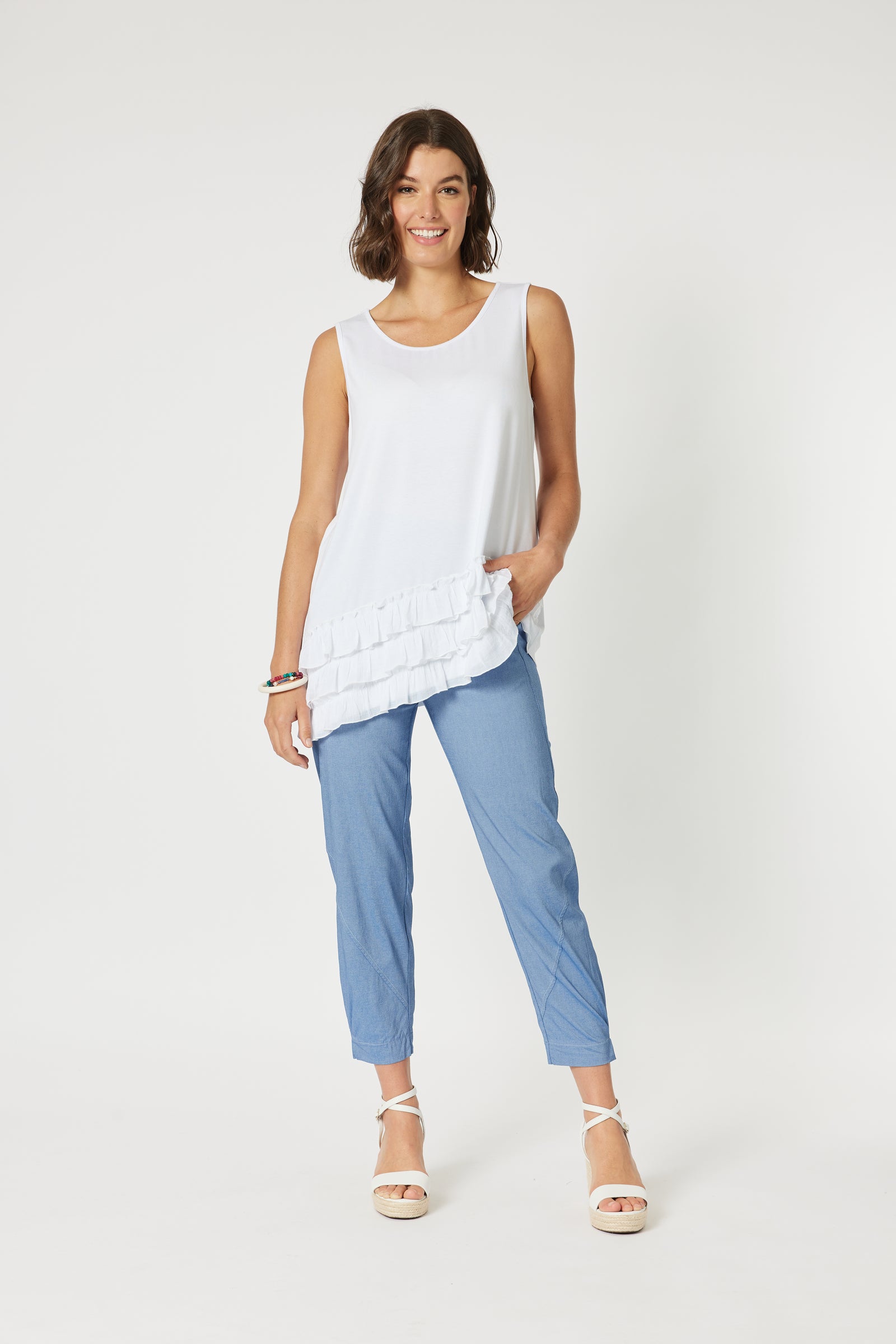 Clarity's Frilled Ruffle Hem Cami Top in White.