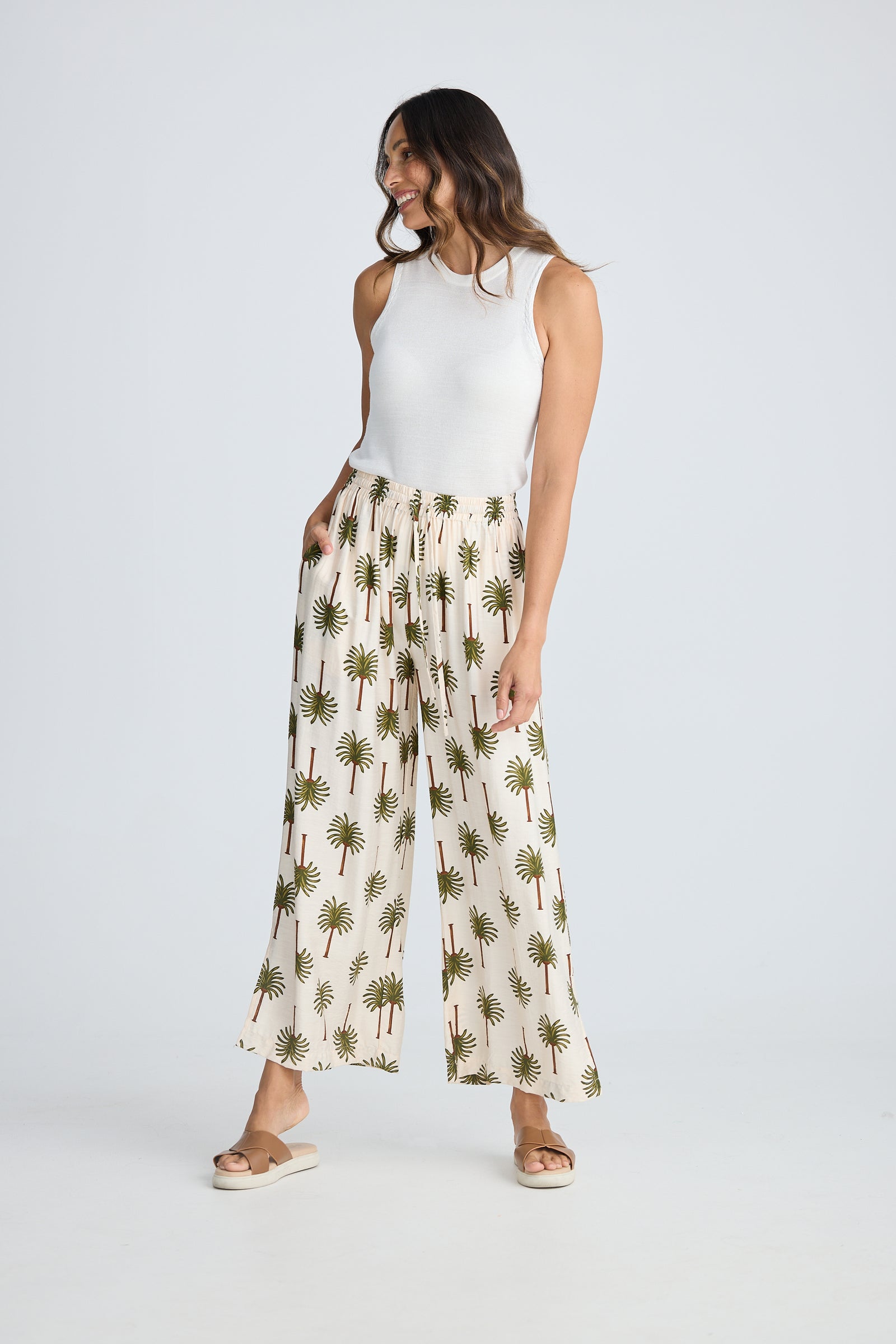 Fly Away Pant - Ivory Palm Print