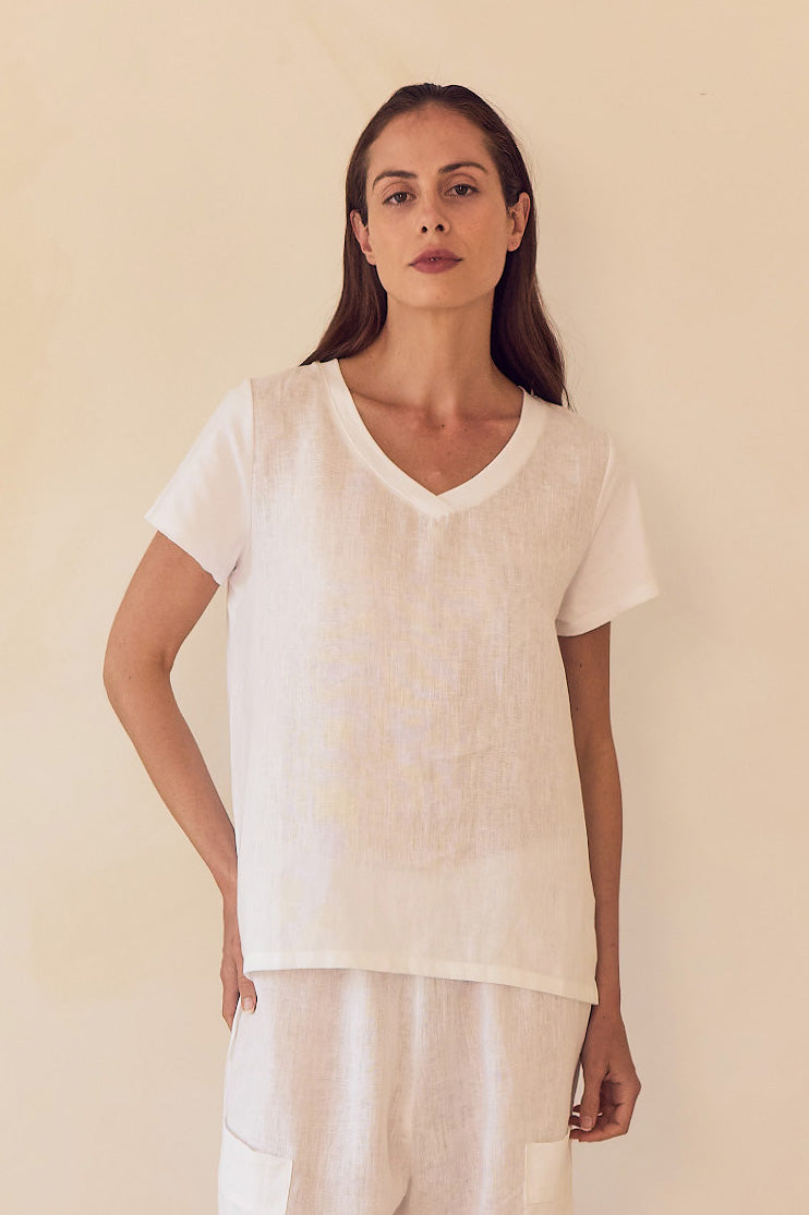 Cotton Contrast Trim Linen Top