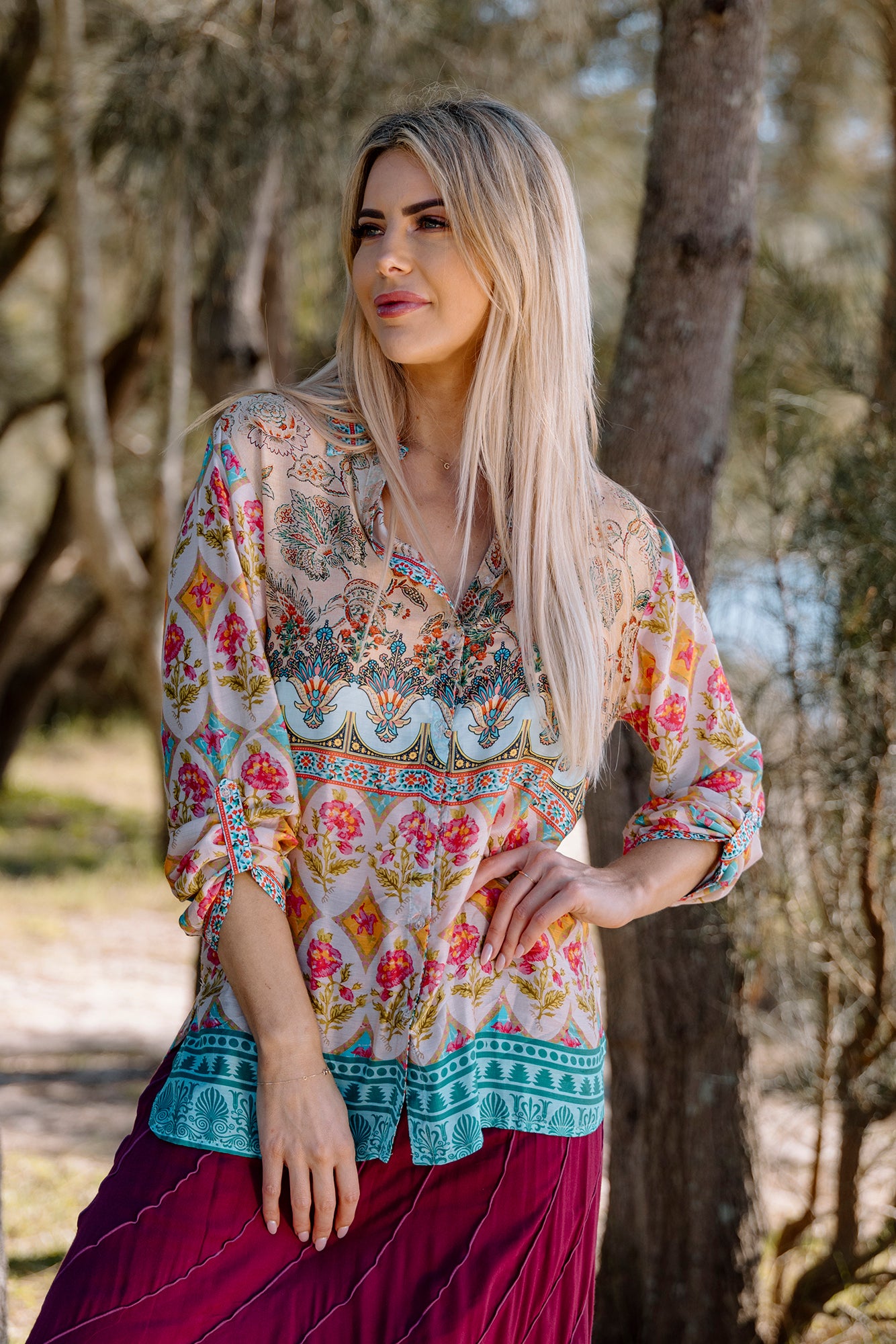 Cienna's Lenah floral silk blend shirt in pink, blue , cream and orange.