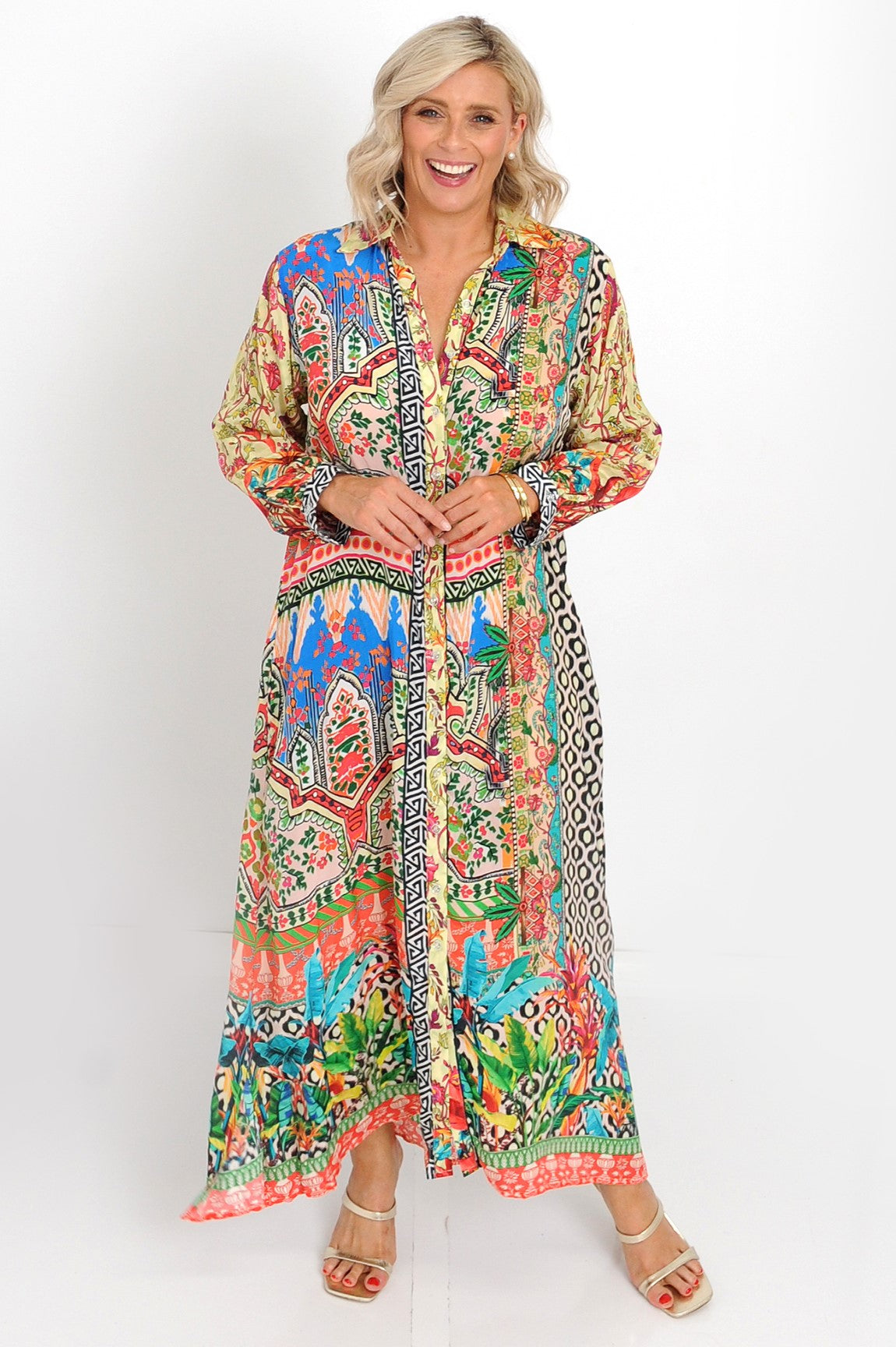 ivy pearl maxi Juno Dress in geometric and floral print with long sleeves and collar.