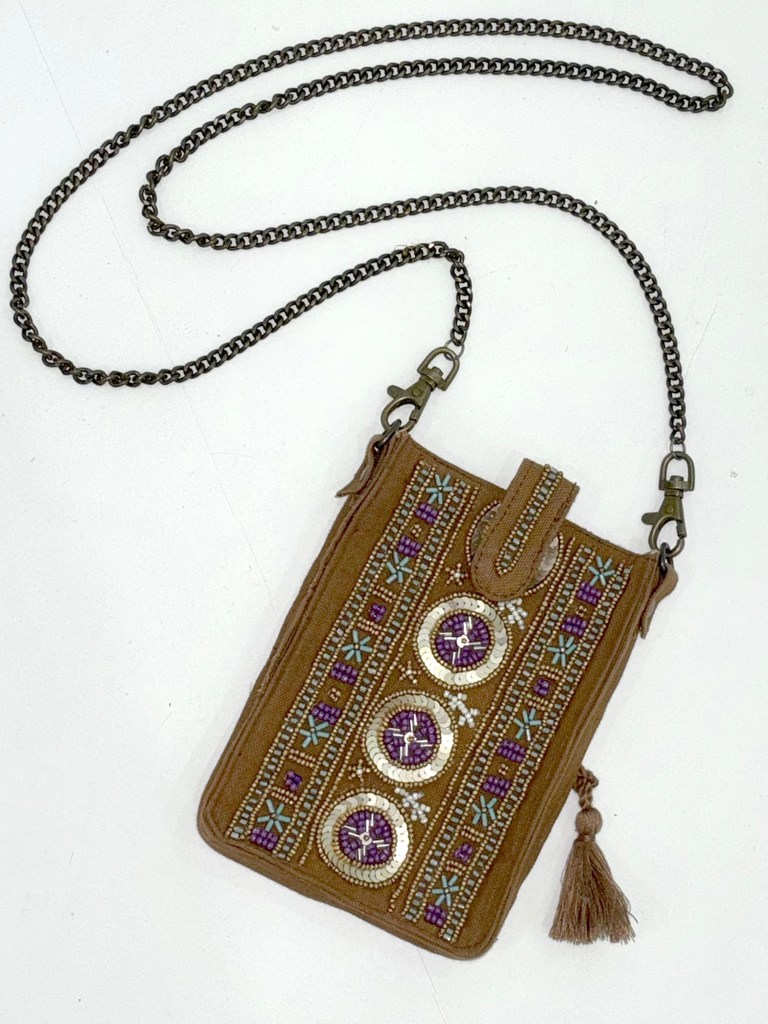 Beaded Cross-Body Chain Handle Phone Bag