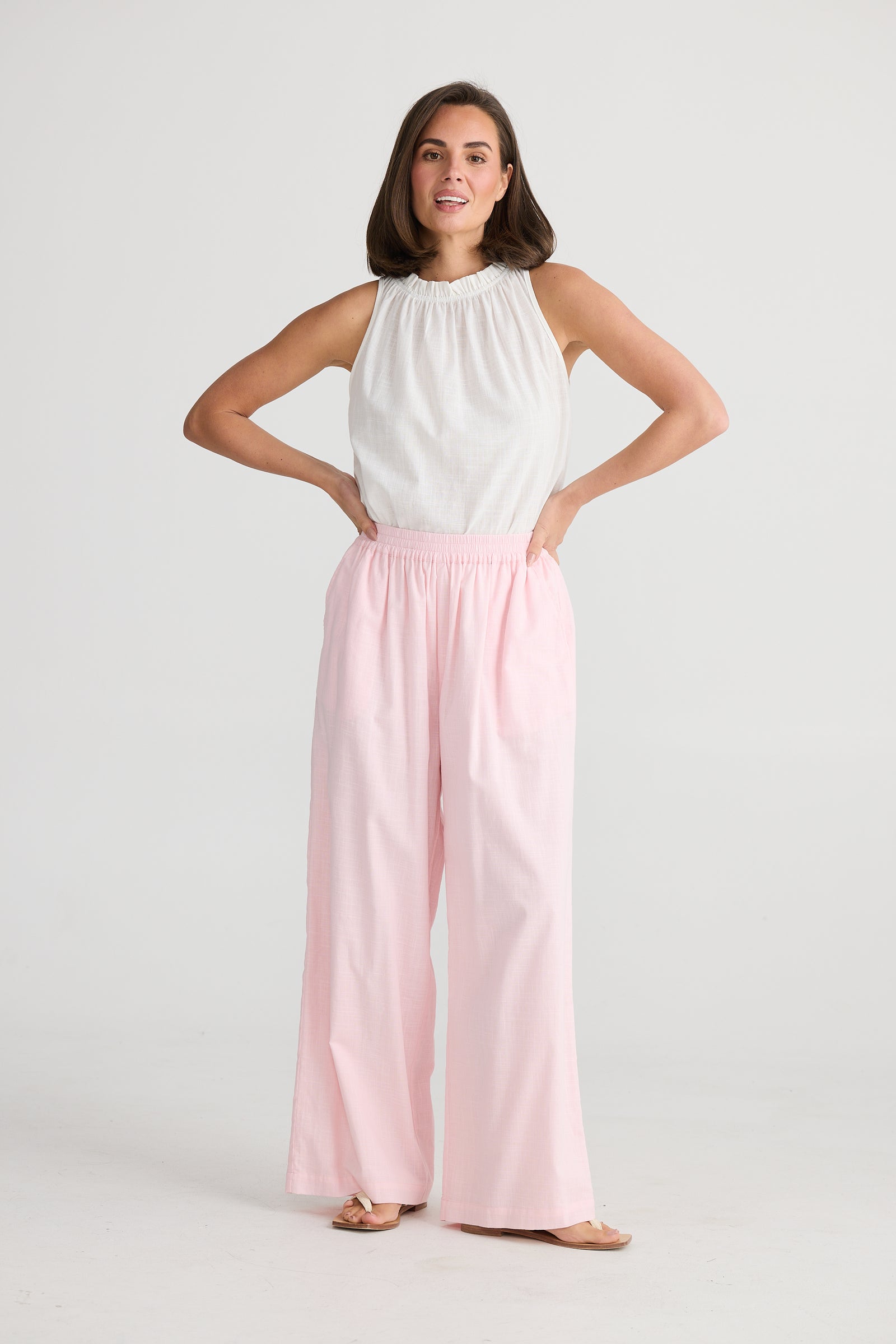 Pink Cotton Playa Pants with Pockets, full length by Holiday Clothing.