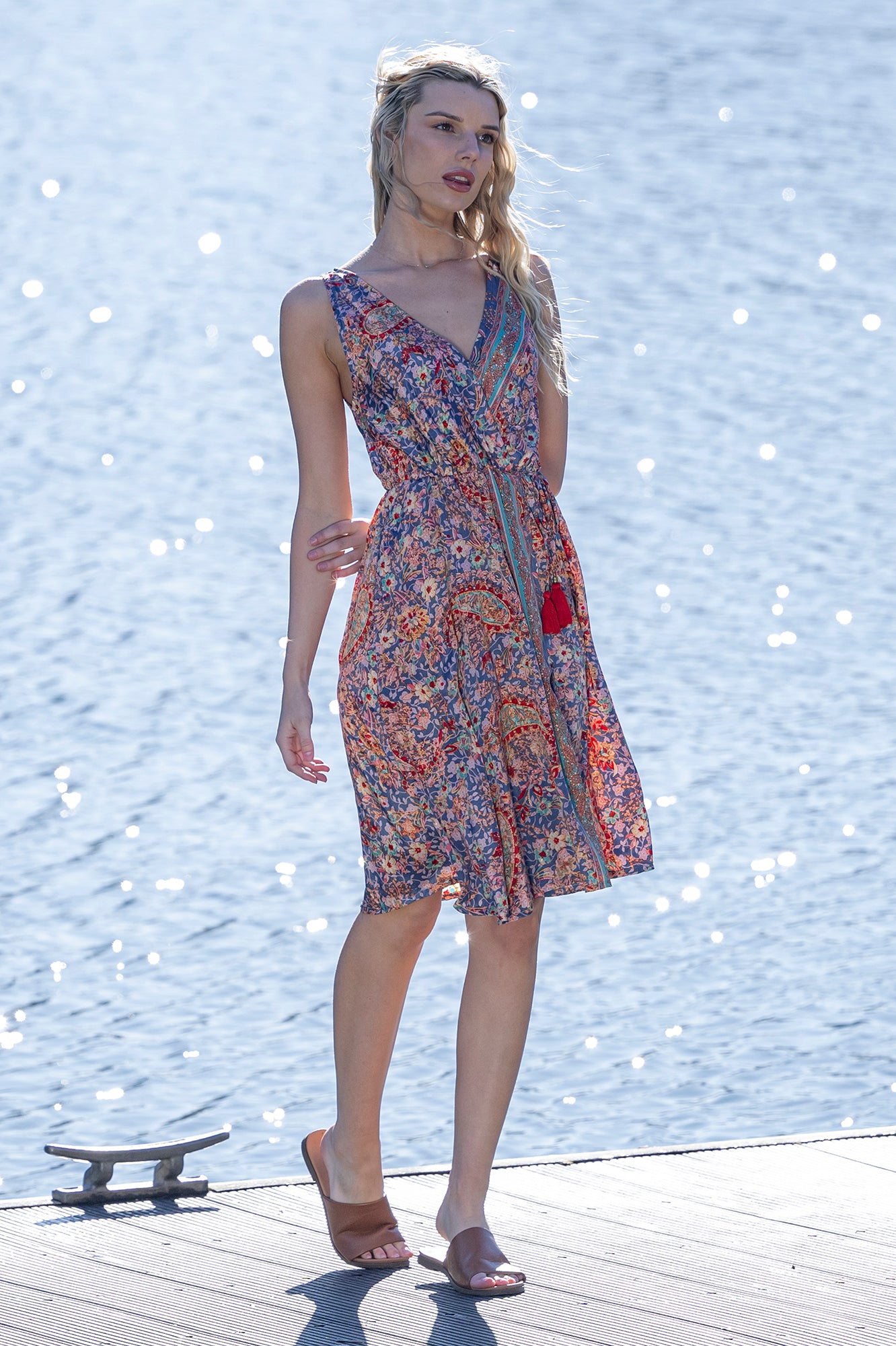 floral paisley blue red gold ladies women sleeveless midi dress by Cienna