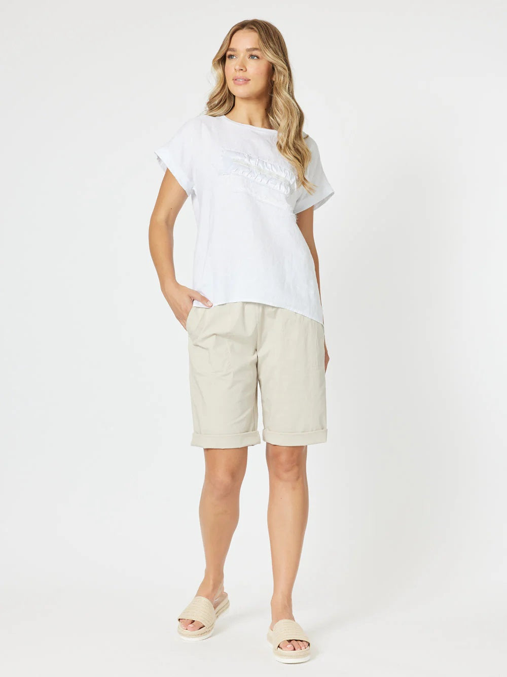 Front Trimmed Tee in White with Short sleeves, round neck and satin front trim.