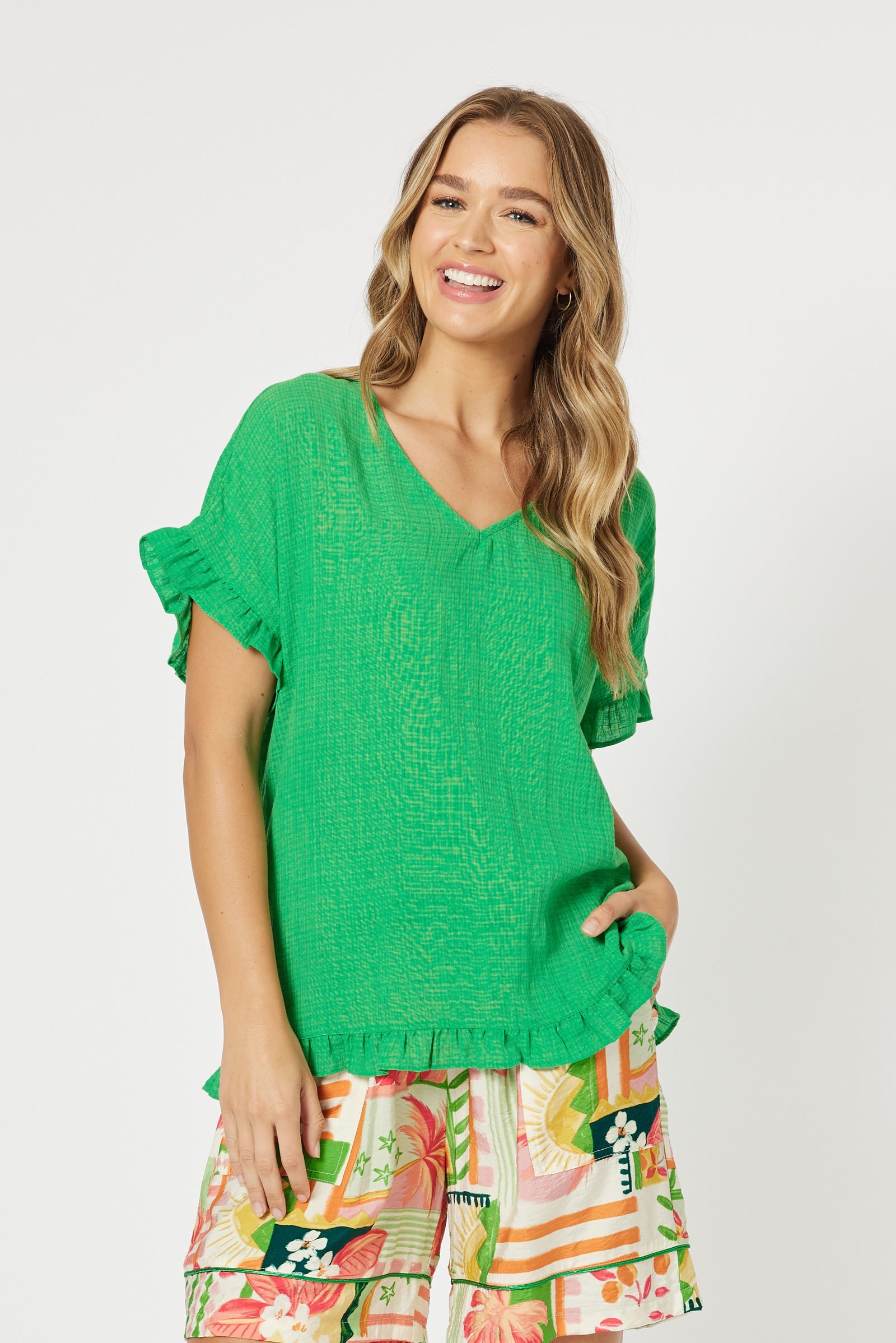 Threadz Emerald Tulum V-Neck Top with Ruffle / Frill on Hem and Cuffs.