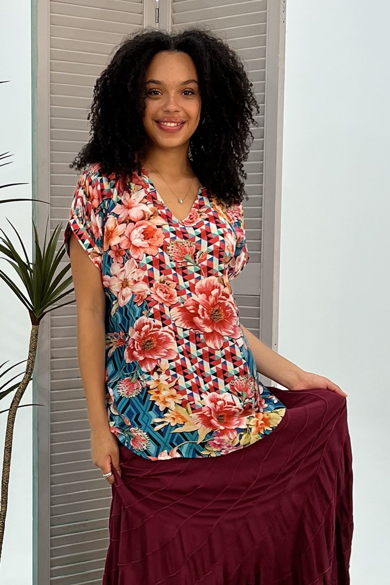 Floral Diamond V-Neck Top