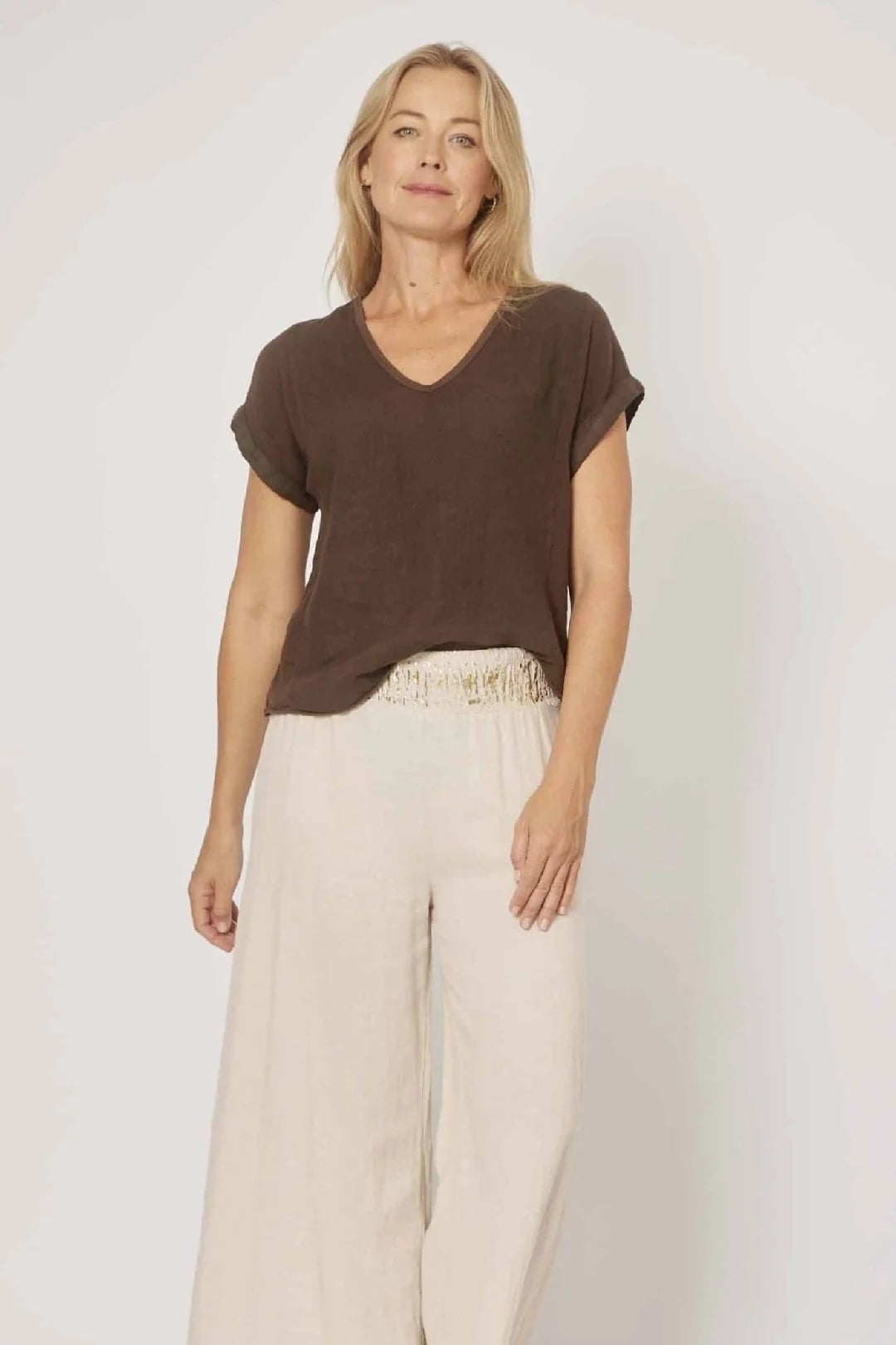 Linen V-Neck Stripe Top