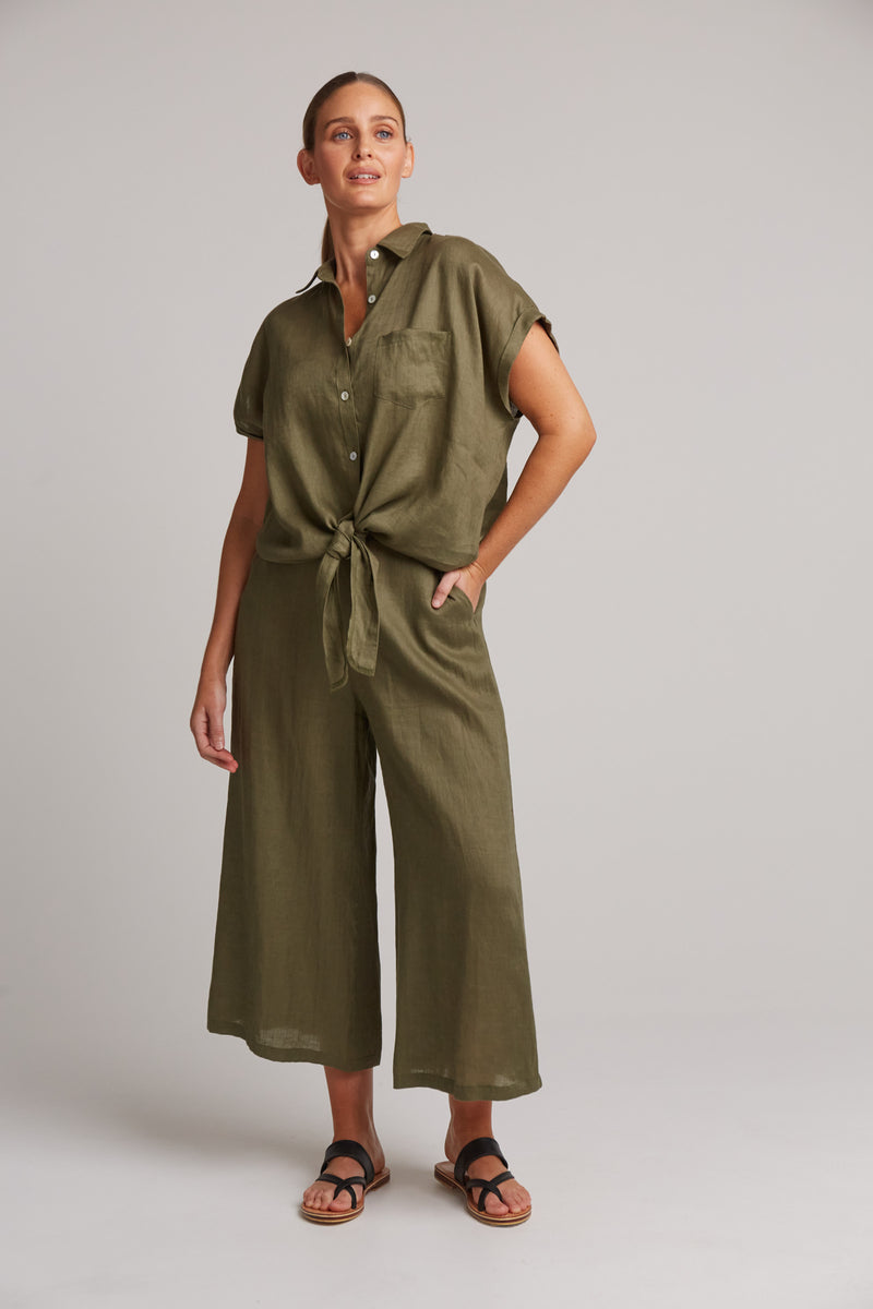 women classic shirt with tie front and pocket khaki green