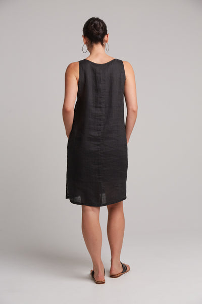 back of a-line black linen midi dress sleeveless shift eb&ive
