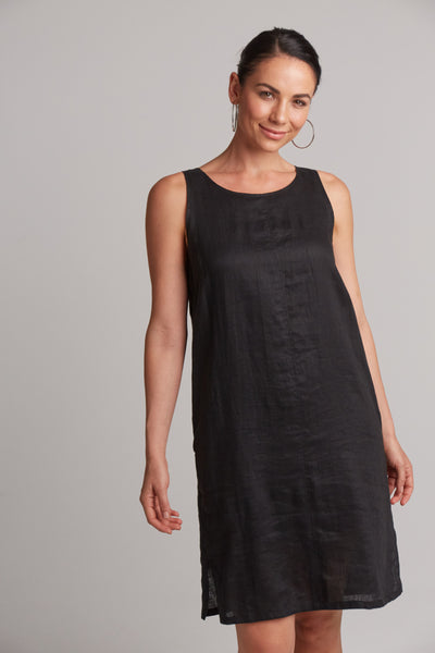 Black sleeveless linen studio midi dress by eb&ive