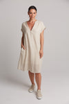 V-Neck midi length short sleeve linen dress in salt eb&ive