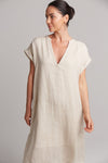 natural white linen midi dress with v neck short cuffed sleeves eb&ive