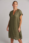 eb&ive Linen Studio dress in khaki green midi length