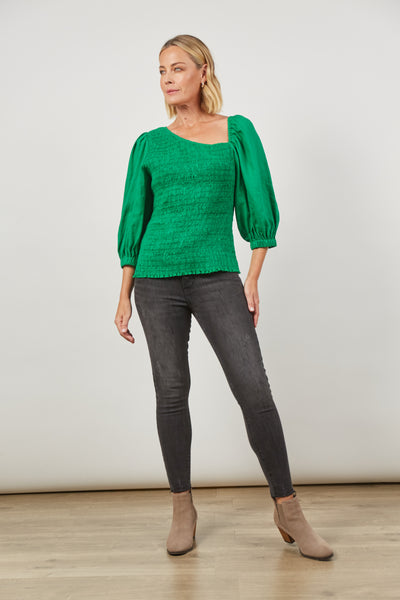 Front View of Ladies Shirred Green Panorama Top with Asymmetrical Neck by Isle of Mine
