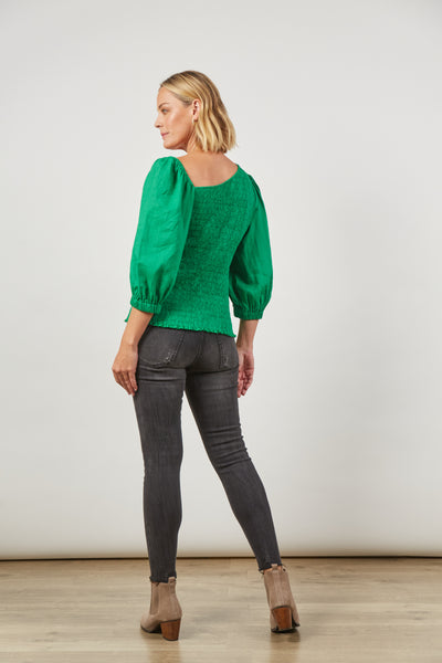 Women's panorama Top back view green meadow by Isle of Mine. Shirred Bodice,  Hip Length, Fitted