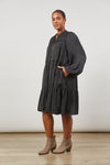 ladies black midi tiered dress with long balloon sleeves and v neck - romance dress by Isle of mine