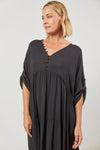 ladies onyx black maxi dress  v neck with button loop detail gathering under bust. long sleeves with tab