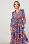 Ladies Romance Maxi Dress in Azure Bloom by Isle of Mine - flowers in blue pink white and red
