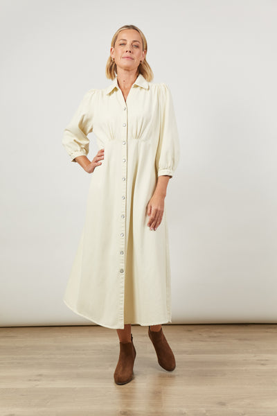 Full length Cream / White denim Urban Maxi dress by Isle of Mine classic collar and button up with pockets