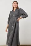 Denim Shirt Style Maxi Dress with collar and button up front. gathered wist and 3/4 balloon sleaves - Urban Dress from Isle of Mine in Ash Grey