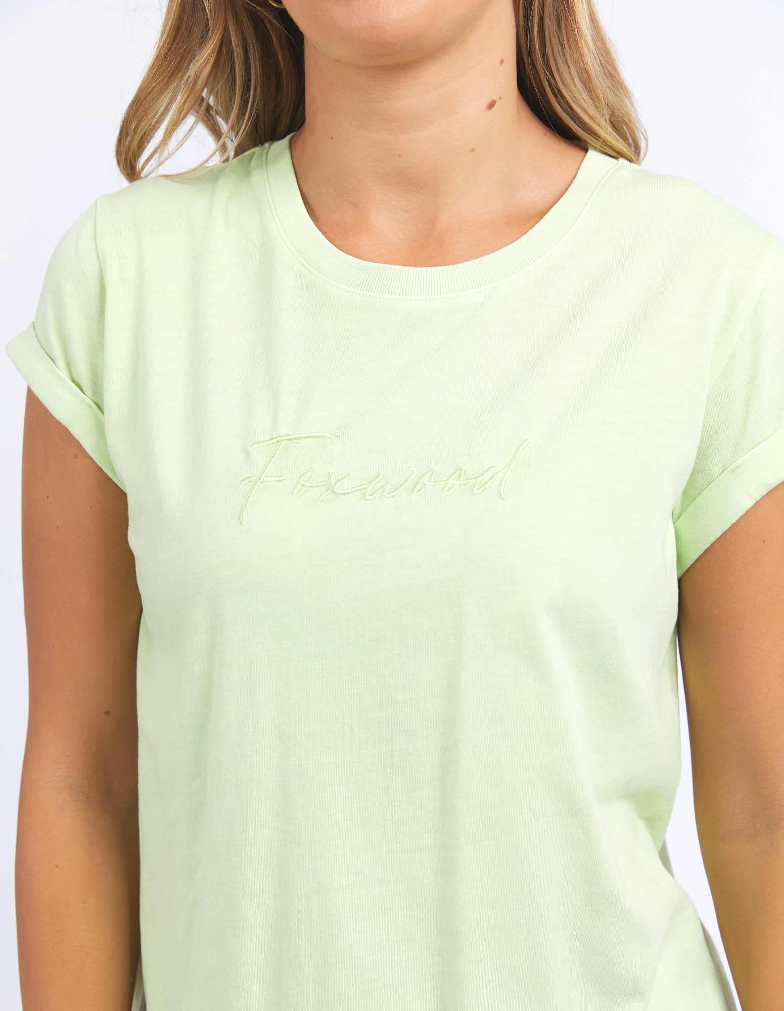 ladies tshirt ming green foxwood embroidered on front, round neck short rolled sleeves