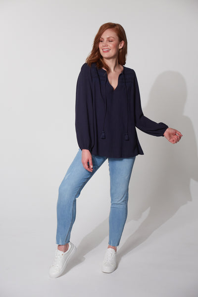 midnight blue v-neck relaxed top with tassels long sleeves lauder from haven