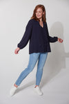 long sleeve blouse top in blue with v neck and tassels lauder from haven