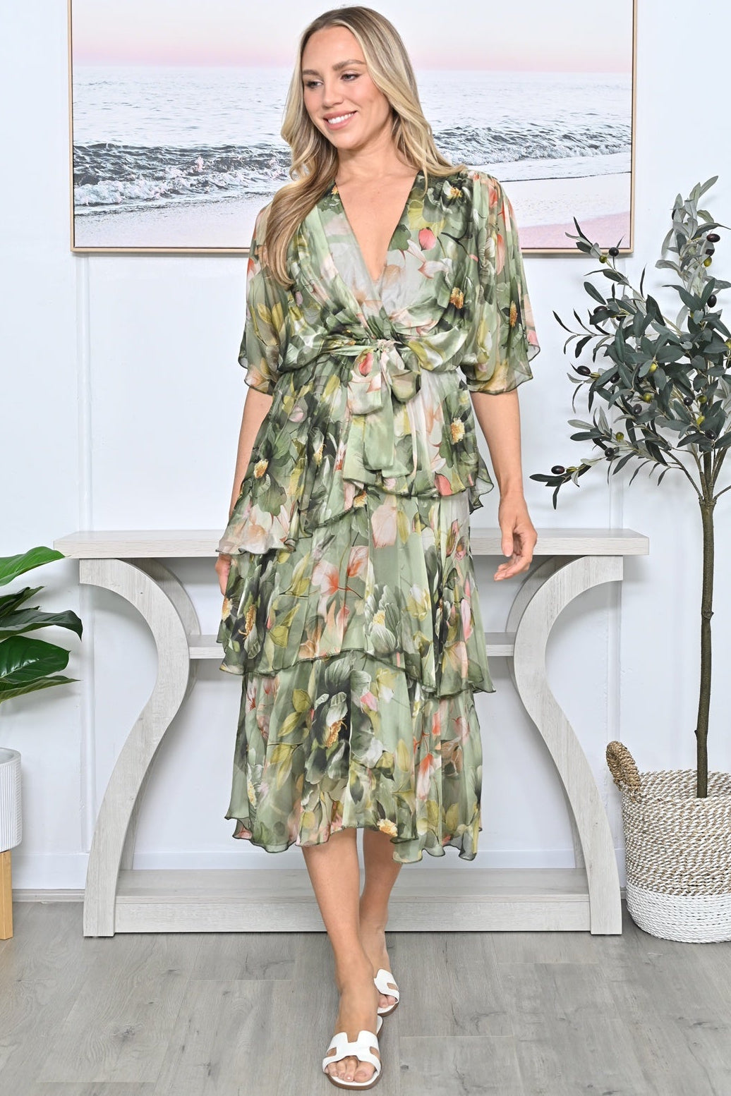 Cross Over Floral Long Silk Dress